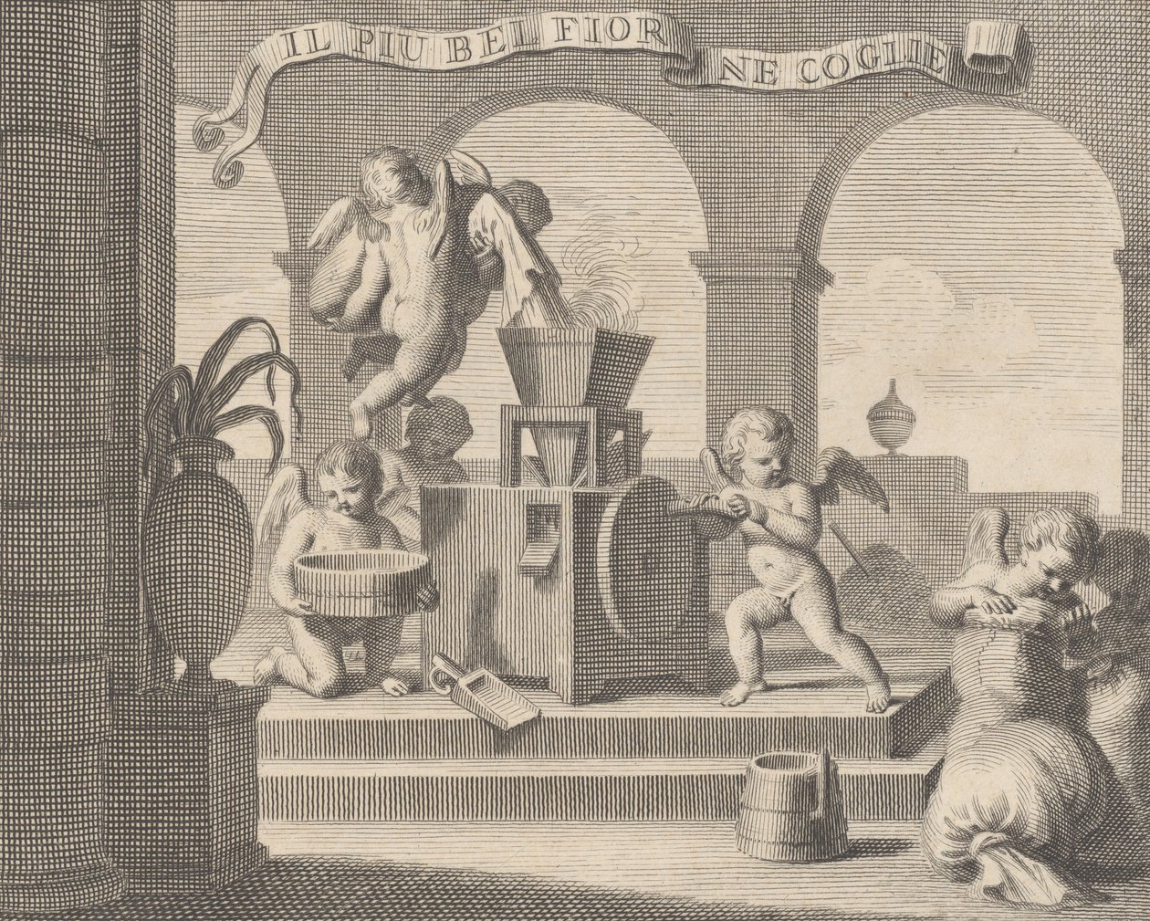 Hun samler den smukkeste blomst Il più bella fior groglie ne, en gruppe på seks putti, der arbejder ..., 1740-59 af Carlo Gregori