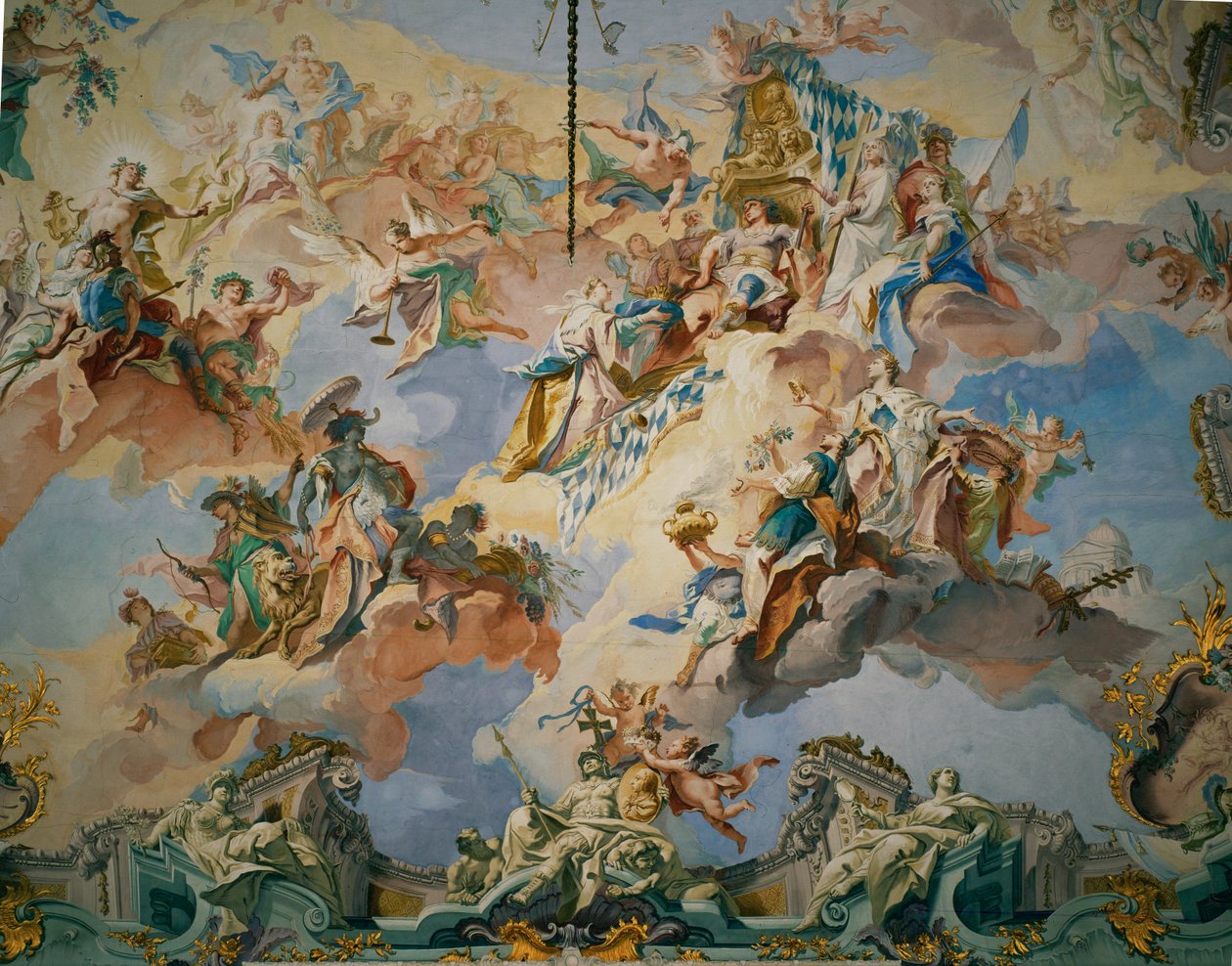 Forsamlingen af guder, der accepterer kejser Karl Albrecht blandt dem, og Fama, der kalder de fire kontinenter sammen ... (fresko) af Carlo Innocenzo Carlone