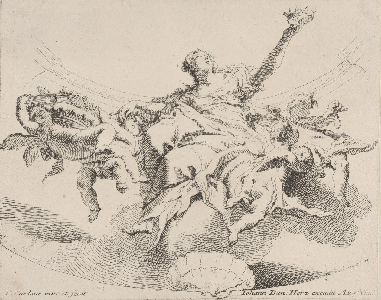 Magt, repræsenteret af en kvinde siddende på skyer med en krone og omgivet af putti,..., 1725-75. af Carlo Innocenzo Carloni