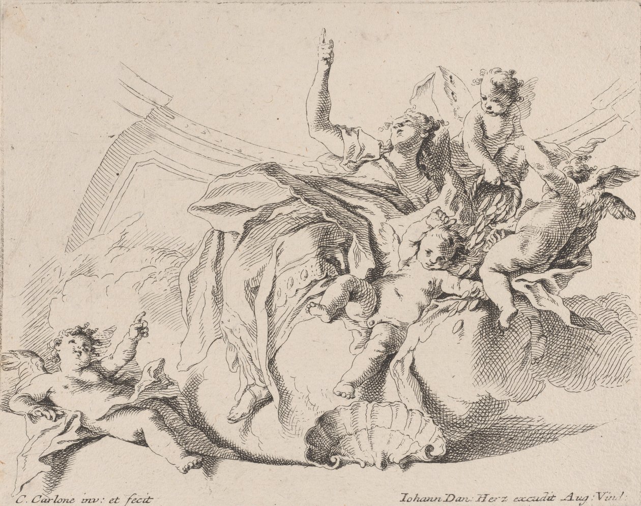 Rigdom, repræsenteret af en kvinde siddende på skyer og omgivet af putti, hvoraf den ene er..., 1725-75. af Carlo Innocenzo Carloni