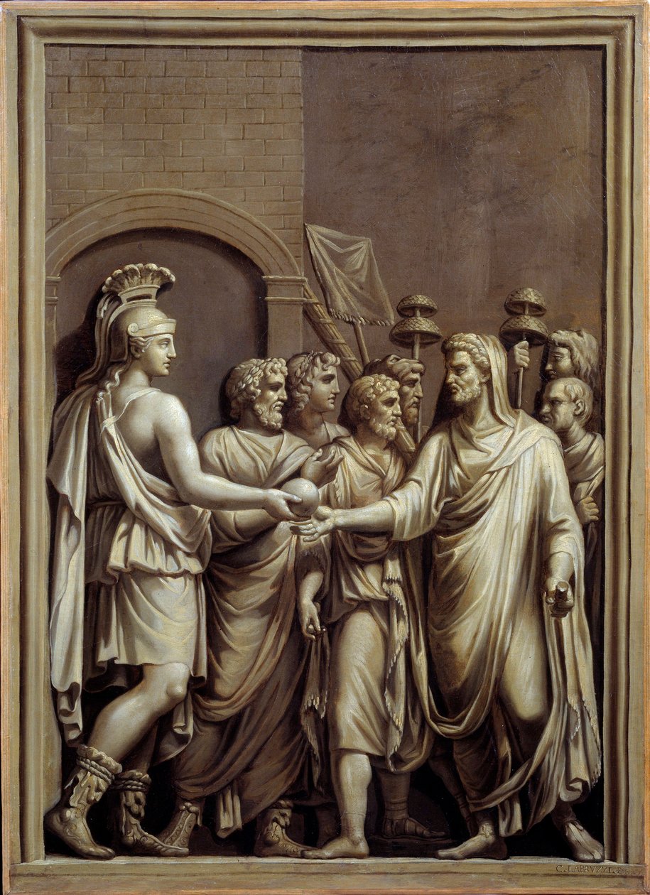 Det antikke Rom: kriger og mand i en toga, der udveksler en kugle. Maleri af Carlo Labruzzi (1748-1818) efter et lavt romersk relief. Brest. Museum for Skønne Kunster af Carlo Labruzzi