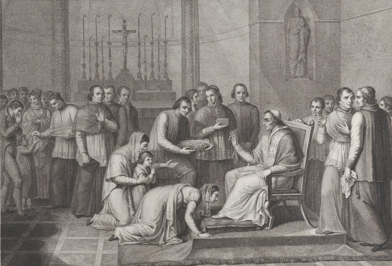 En kvinde knæler for at kysse foden af pave Pius VII, med en menneskemængde bag hende til venstre, 1814-50 af Carlo Lasinio