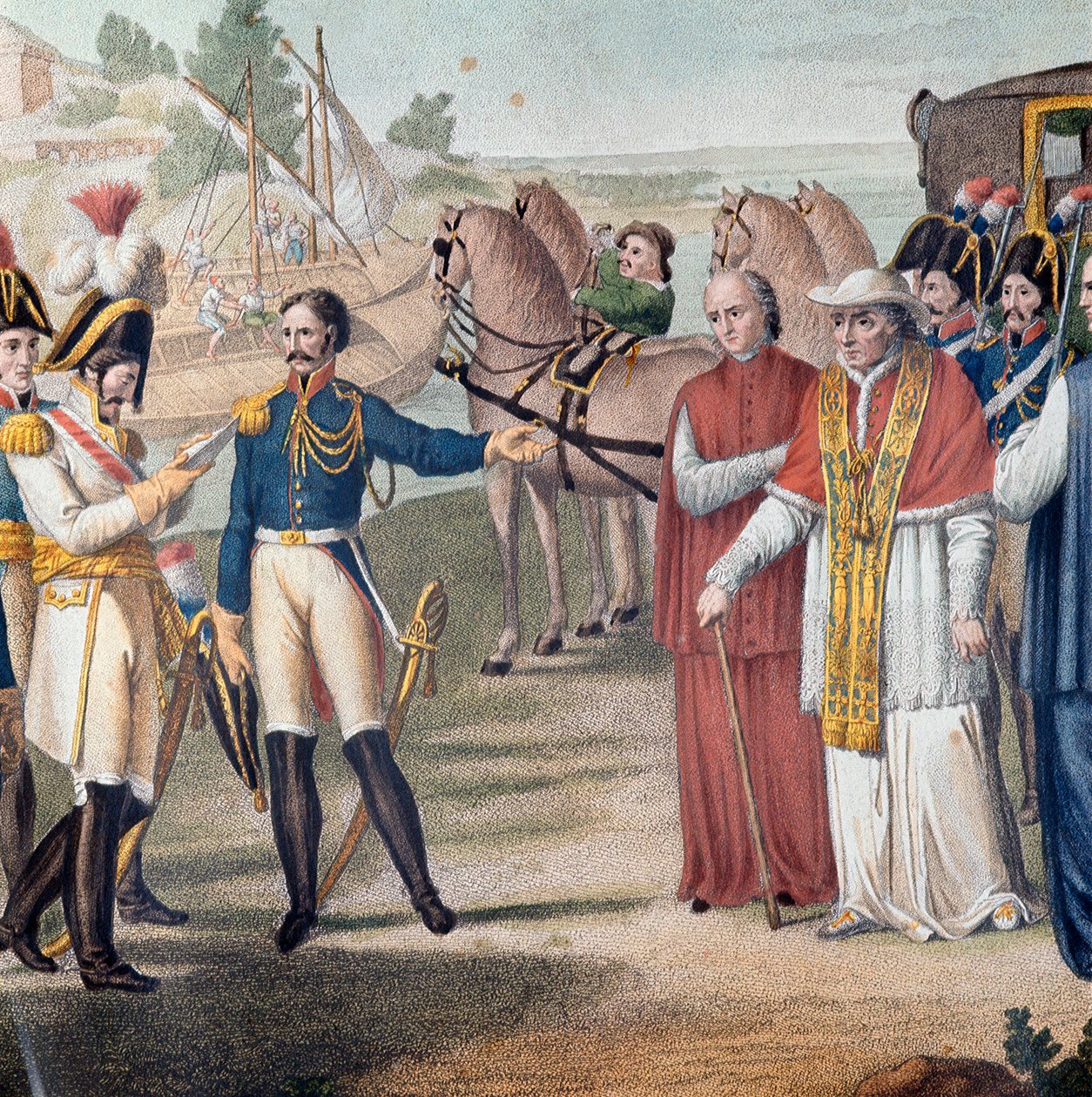 Pave Pius VII (Pio) (1742-1823) blev arresteret ved sin tilbagevenden til Italien af den østrig-neapolitanske hær nær Parma den 25. marts 1814 - Indgravering af Carlo Lasinio (1759-1838) - Farvelitografi (Anholdelsen af pave Pius VII (1742-1823) ved sin ti af Carlo Lasinio