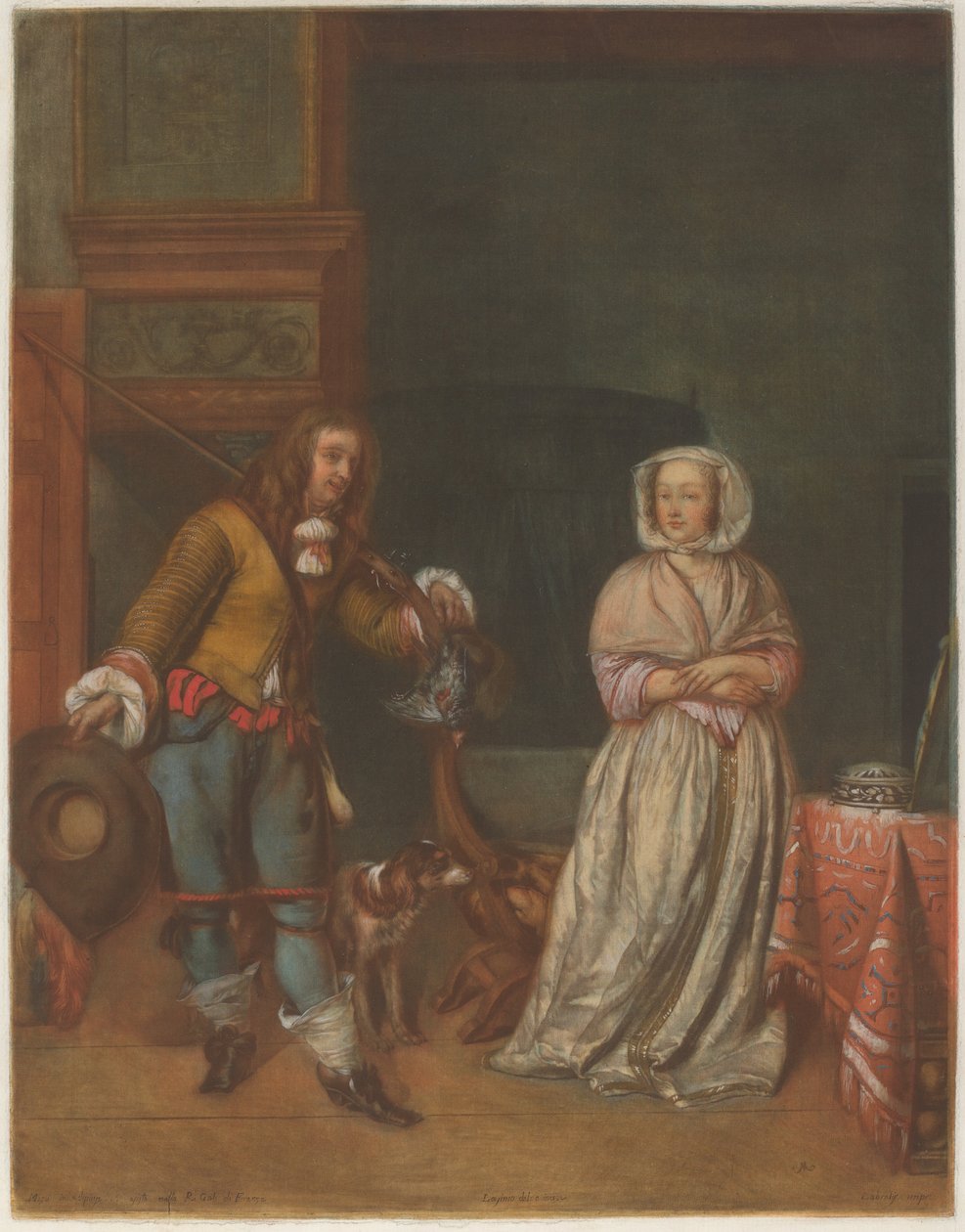 Jæger på besøg hos en dame af Carlo Lasinio after Gabriel Metsu