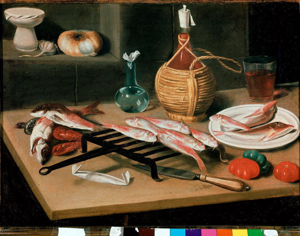 Stillebensbord med grillede fisketallerkener (mullet) og en flaske vin (damigiana). Maleri af Carlo Magini (1720-1806). Faenza, Pinacoteca comunale af Carlo Magini
