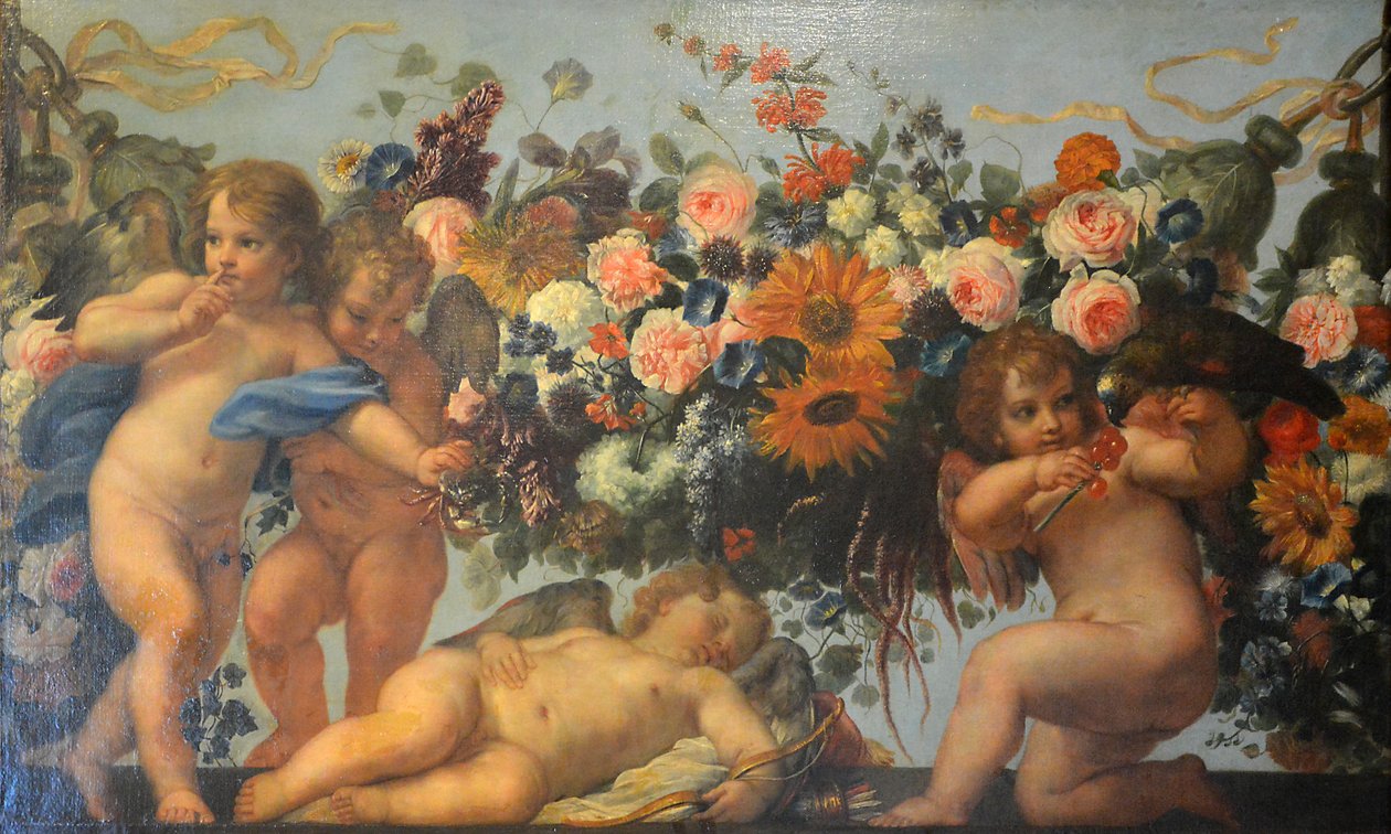 Fransk:  Amour et guirlande de fleurs avec perroquet Amoretter og blomsterkranse med en papegøje af Carlo Maratta