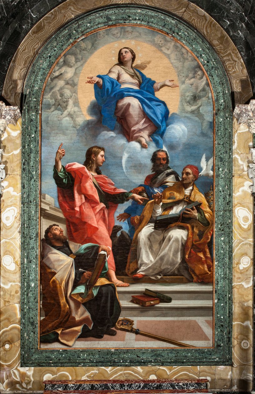 Den ubesmittede undfangelse og Sankt Johannes Evangelisten, Sankt Gregoire den Store, Sankt Johannes Chrysostom og Sankt Augustin (olie på lærred af Carlo Maratta or Maratti