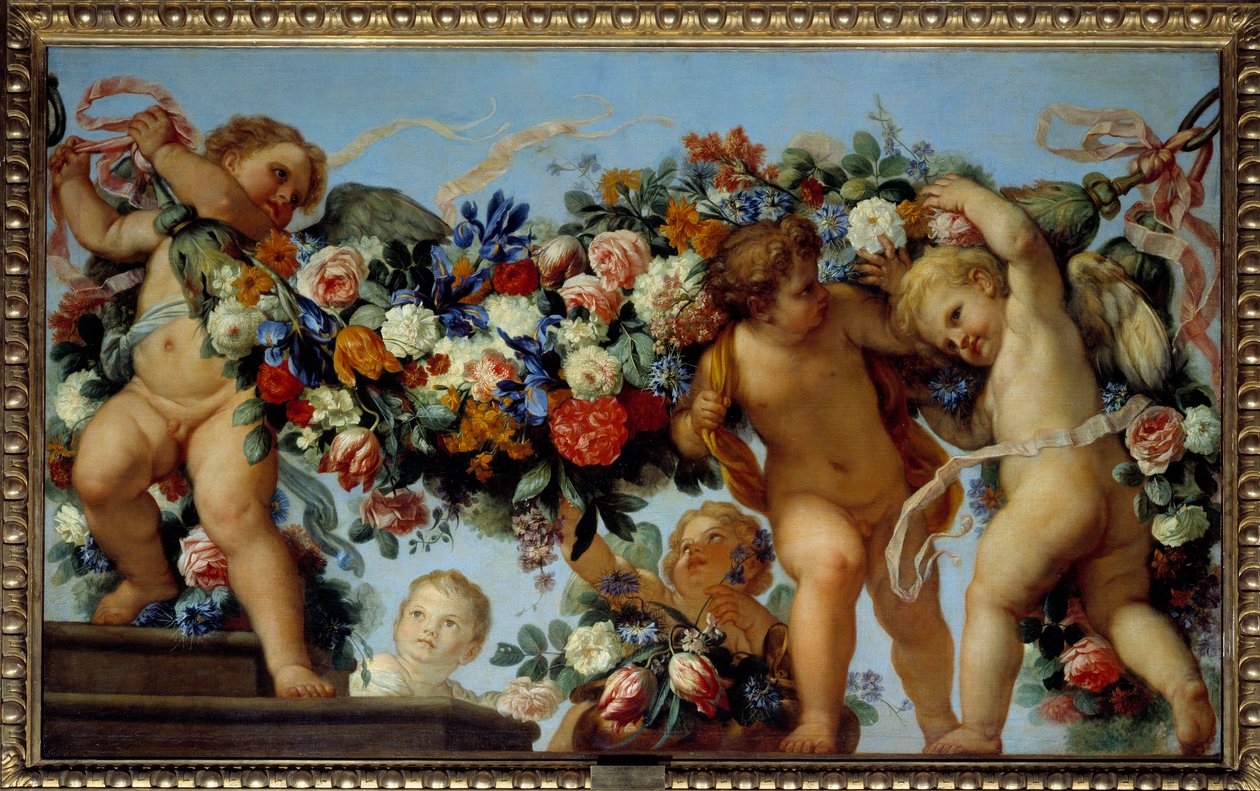 Kærlighed og blomsterkranser Maleri af Carlo Maratta (1625-1713) 1600-tallets søn. 1,06x1,73 m af Carlo Maratta or Maratti