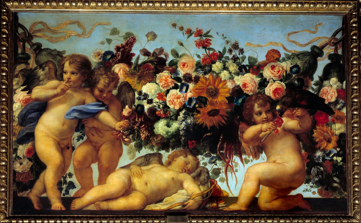 Kærlighed og guirlander af blomster. En engel giver bær til en fugl, mens en anden gør gestus af at være stille for ikke at vække en tredje sovende engel. Maleri af Carlo Maratta (1625-1713) 1600-tallet søn. 1,06x1,73 m af Carlo Maratta or Maratti