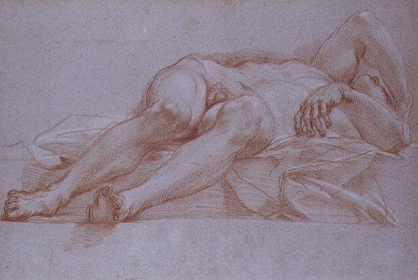 Studie til figuren af Sisera, kridt på papir, ca. 1680: foreløbig tegning til mosaikken af Jael og Sisera til kapellet til præsentationen i Peterskirken, Rom. af Carlo Maratta or Maratti