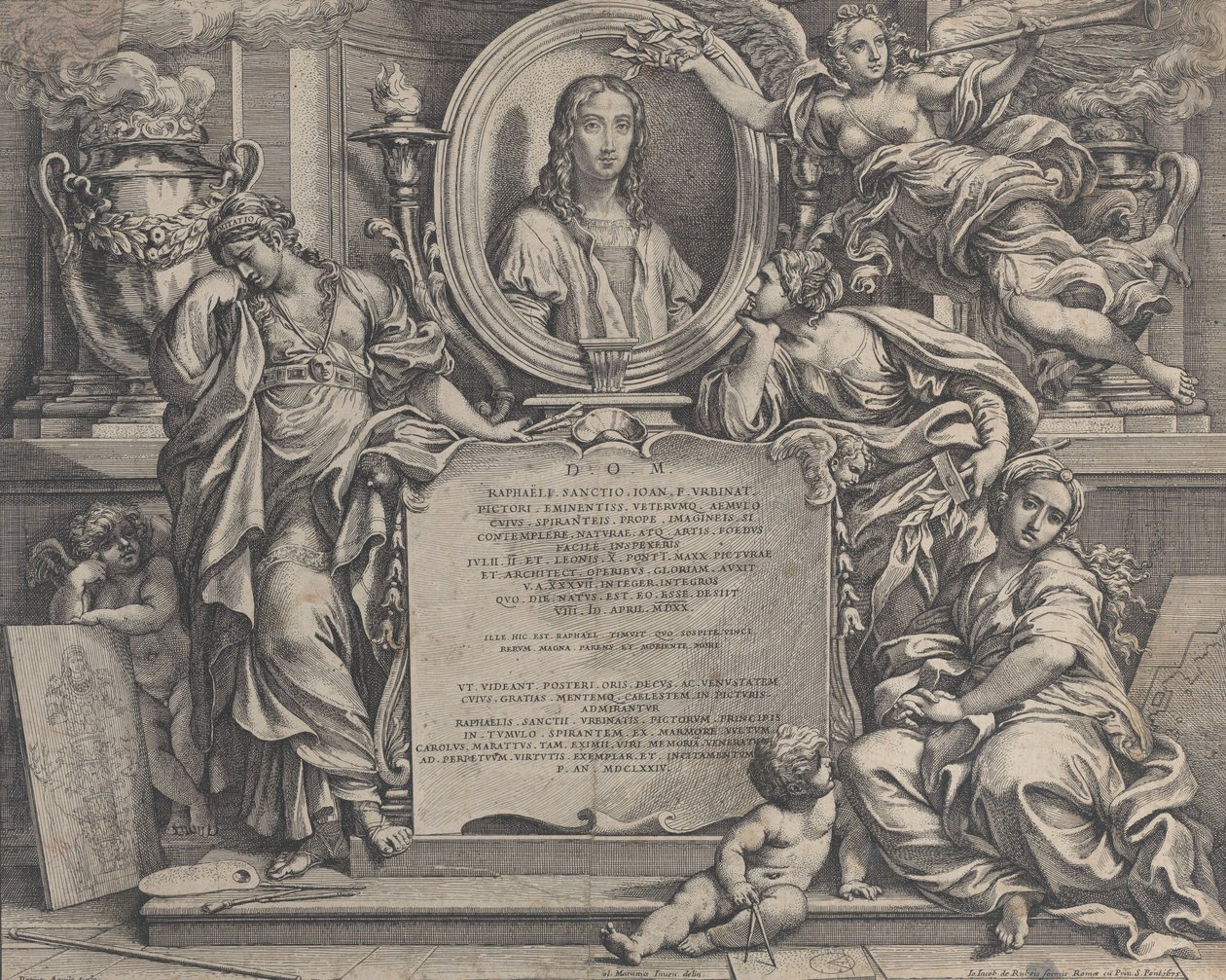 Frontispice med ovalt portræt af Raphael, med tre allegoriske figurer af kunsten sup..., 1675. af Carlo Maratti