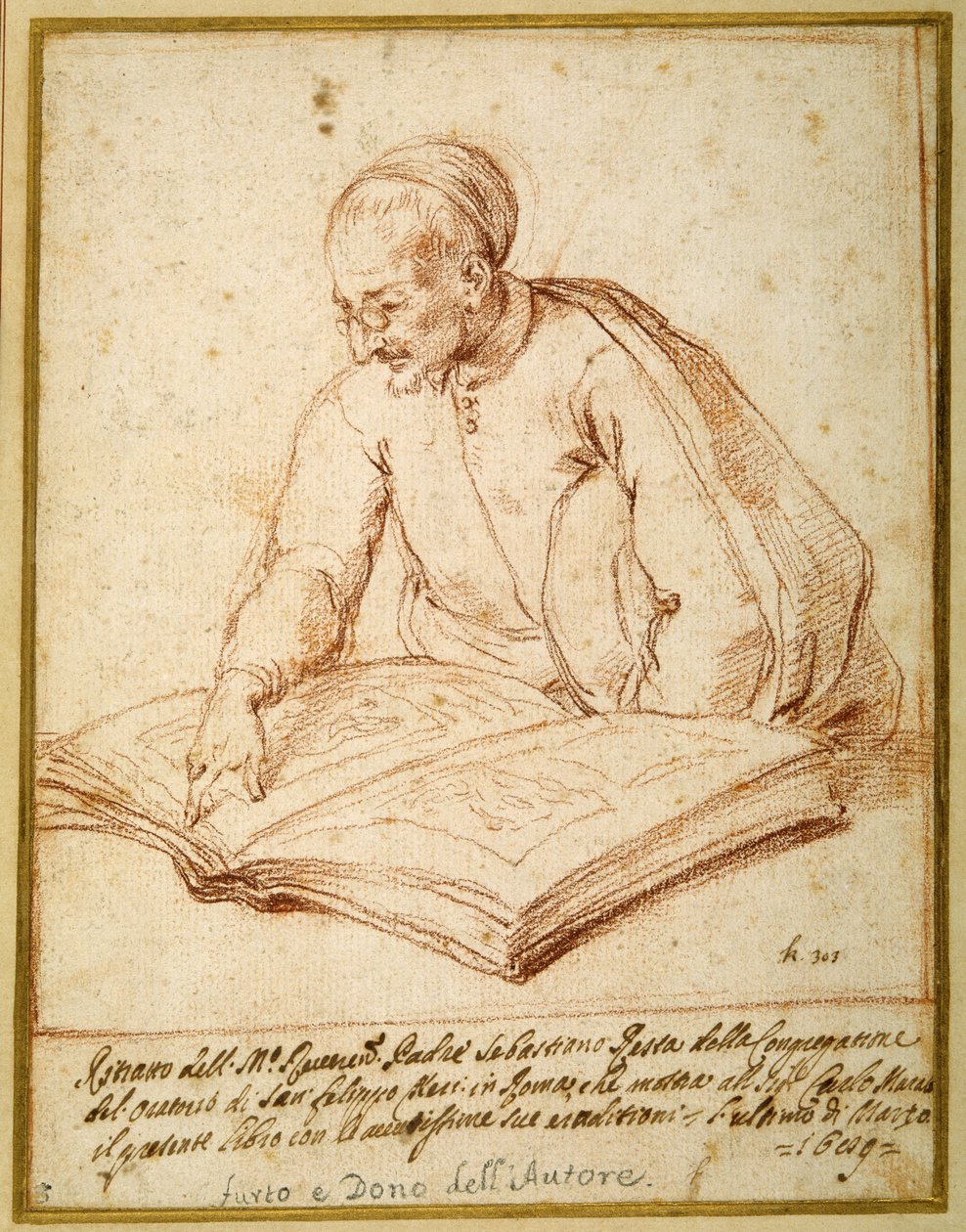 Padre Sebastiano Resta undersøger en folio af tegninger (rødt kridt på papir) af Carlo Maratti