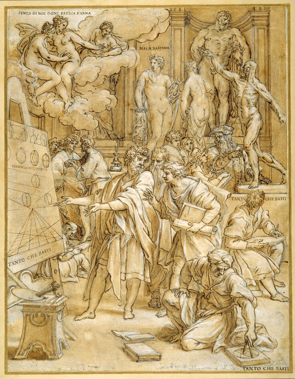 The School of Design (pen & blæk med vask & gouache, over kridt, på papir) af Carlo Maratti