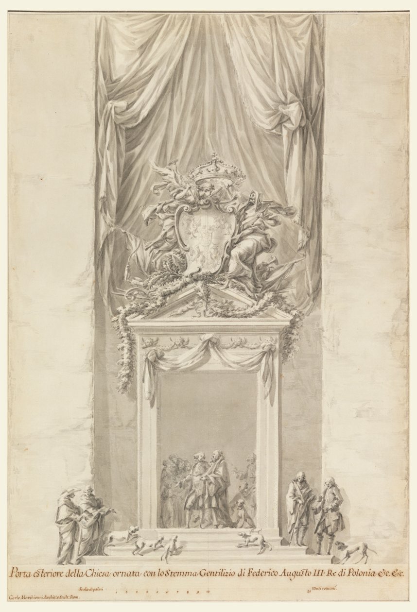Døråbning til San Salvatore i Lauro med dekoration til begravelsen af kong Frederik August III af Polen, Rom, Italien af Carlo Marchionni