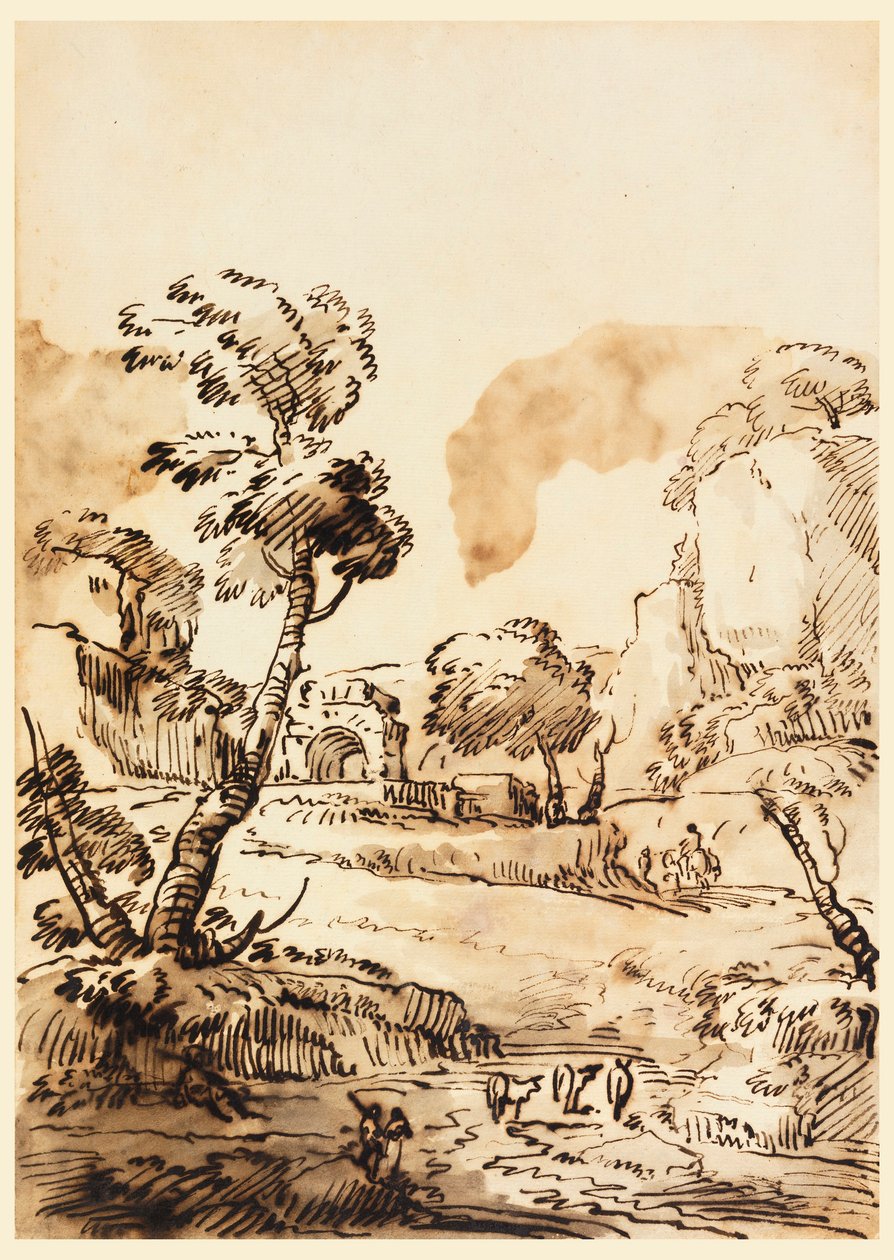 Tegning, Et pastoralt landskab, 1760-1780 af Carlo Marchionni