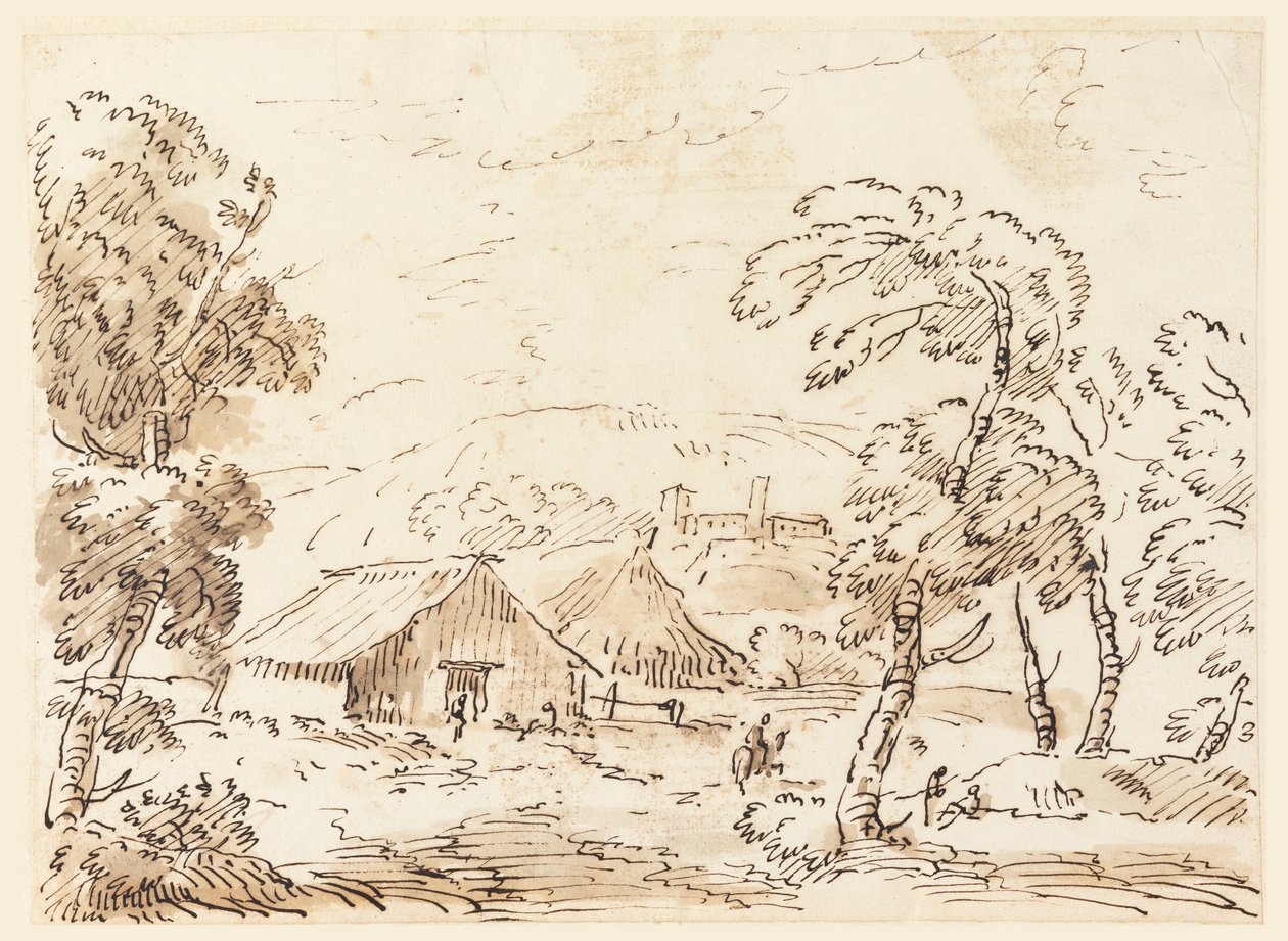 Tegning, En bondebolig og et slot i et bjergrigt landskab, 1762-1786 af Carlo Marchionni