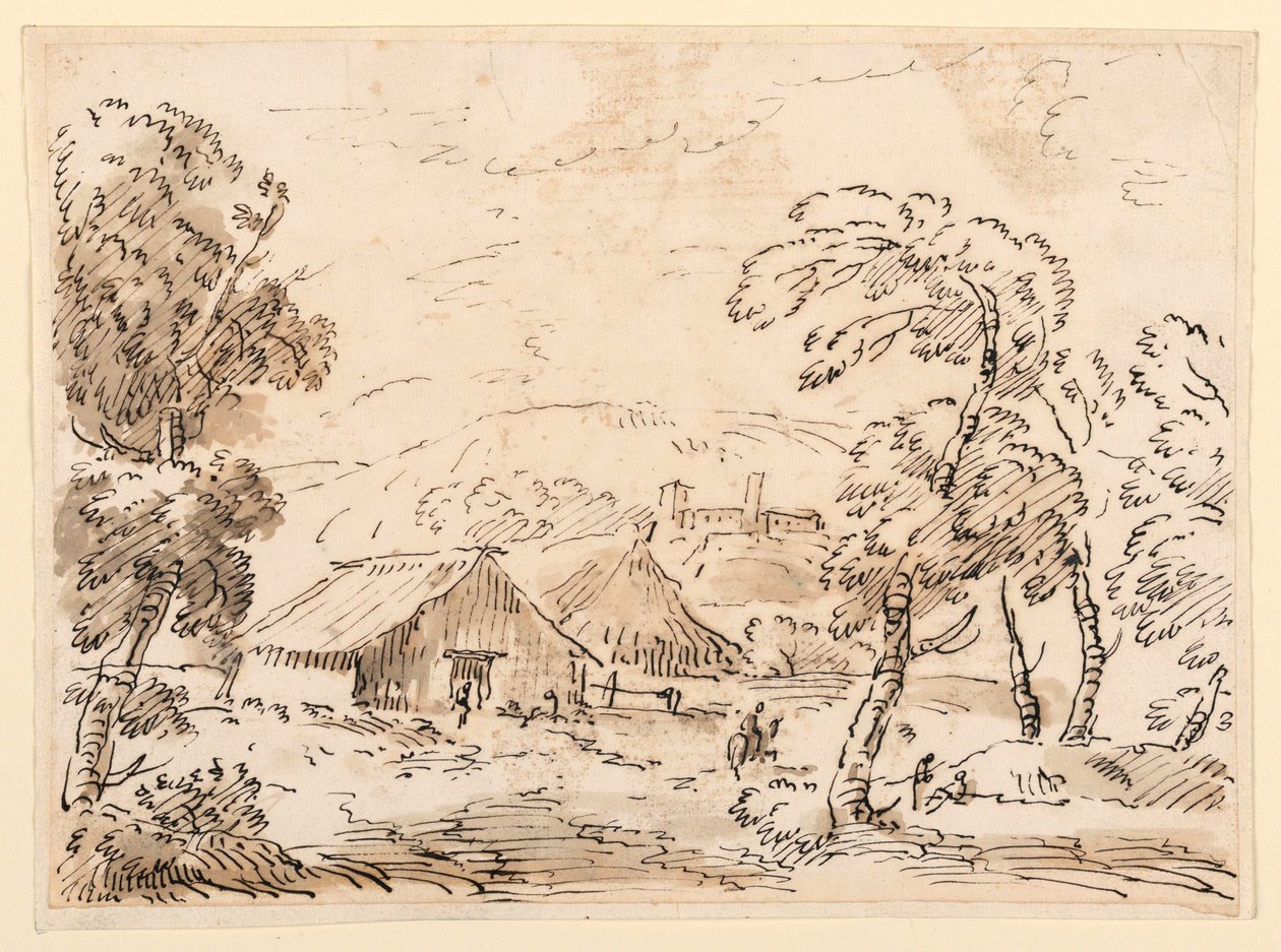 Tegning, En bondebolig og et slot i et bjergrigt landskab, 1762-1786 af Carlo Marchionni