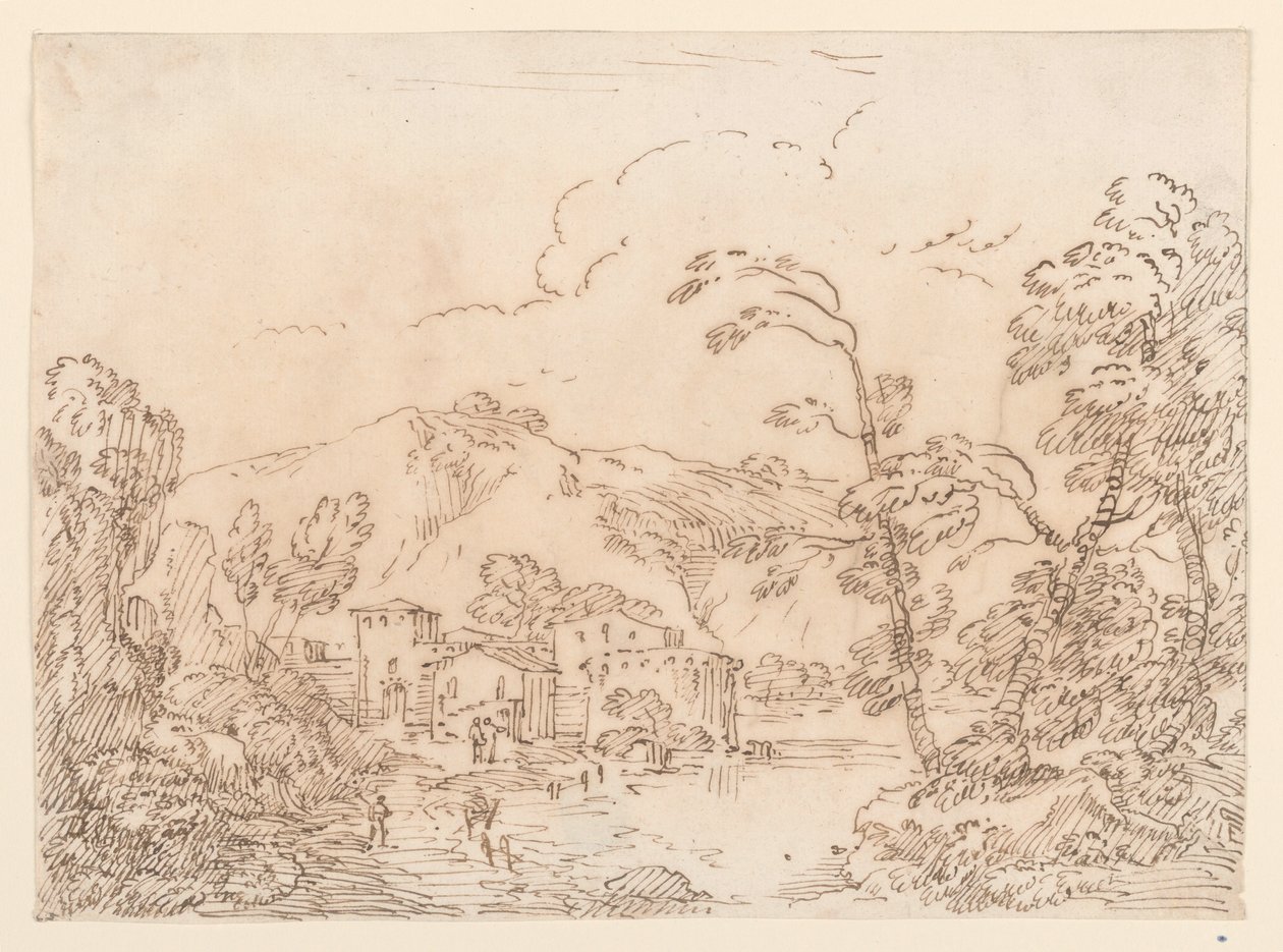 Tegning, En landsby ved en bæk i et bjergrigt land, 1770-86 af Carlo Marchionni