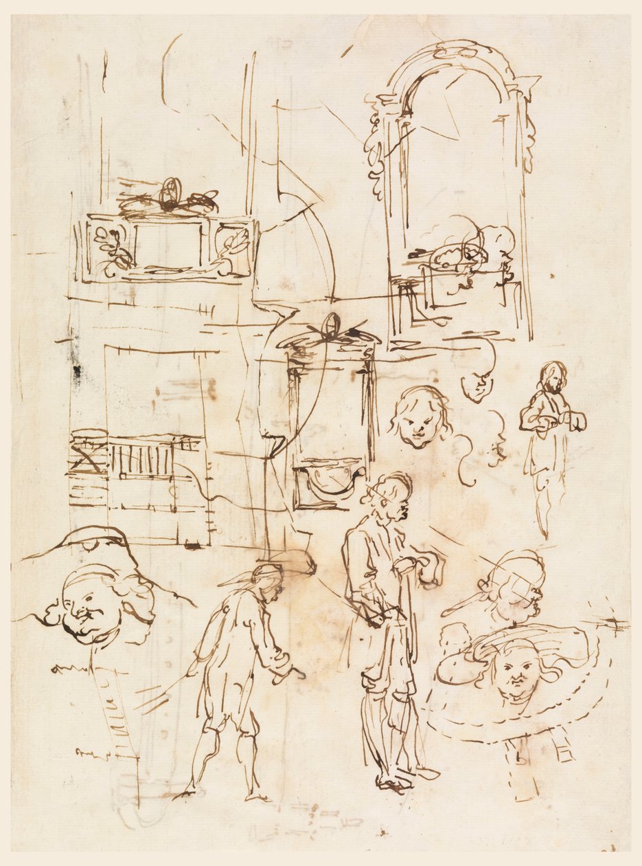Tegning, arkitektoniske og figurative skitser, ca. 1760 af Carlo Marchionni