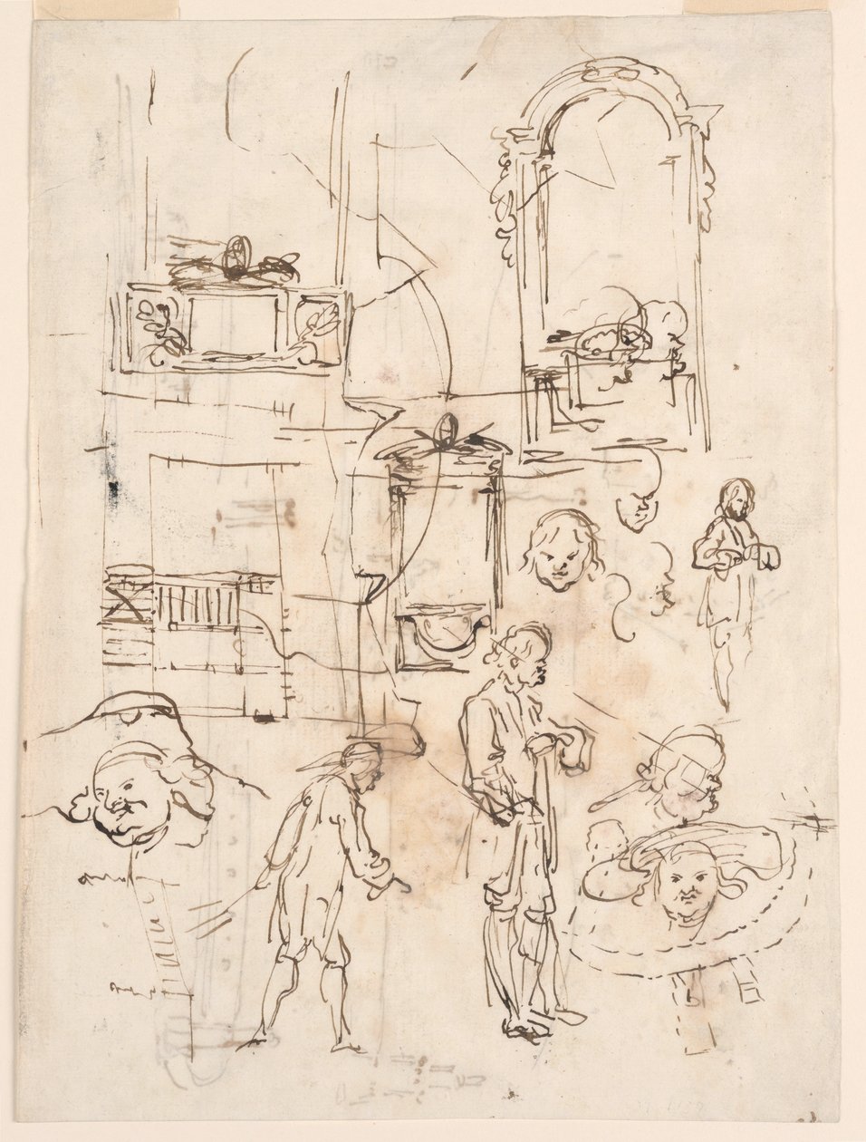 Tegning, arkitektoniske og figurative skitser, ca. 1760 af Carlo Marchionni