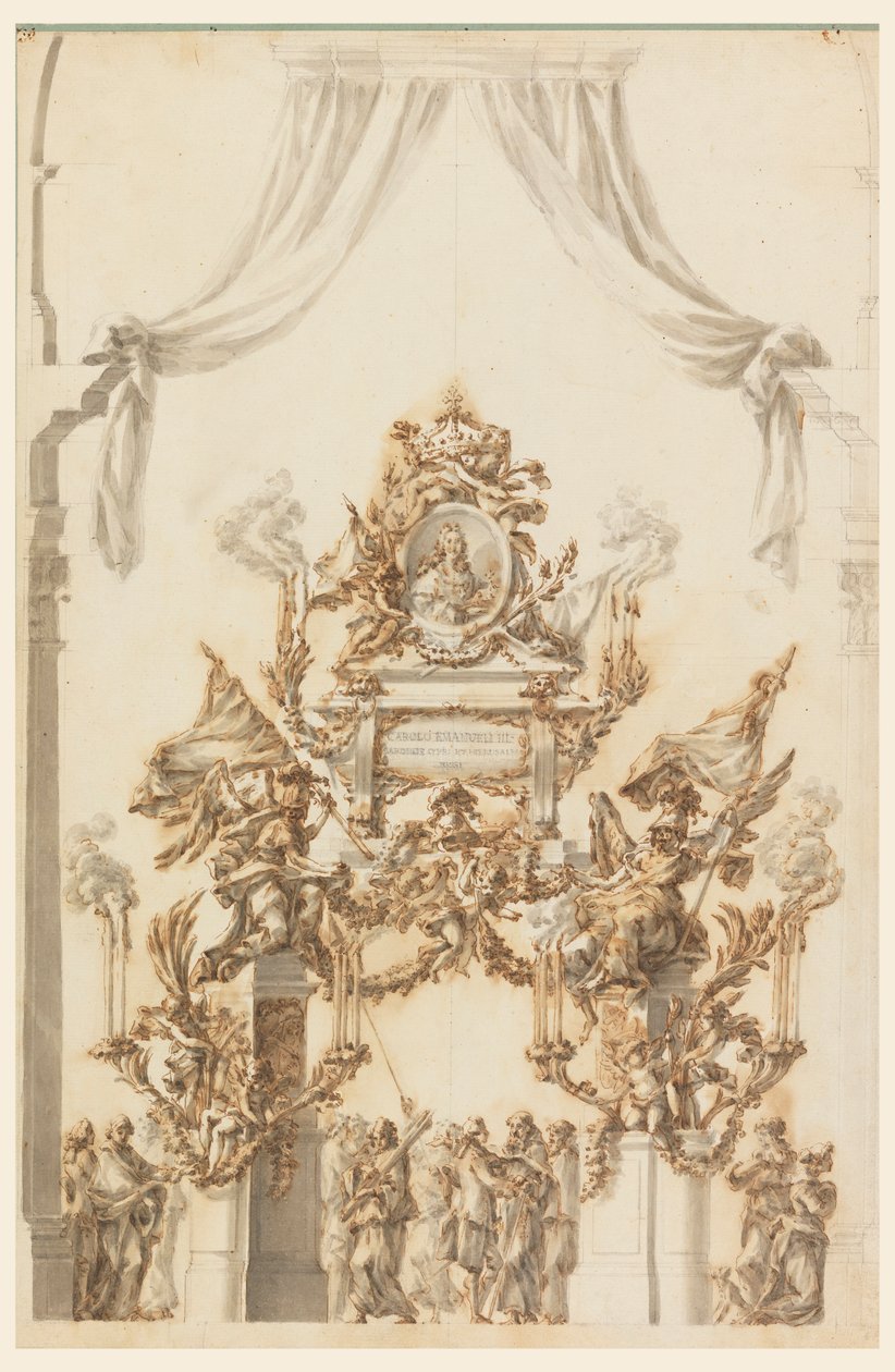 Tegning, Design til en katafalk til Karl Emanuel III af Sardinien, 1773 af Carlo Marchionni