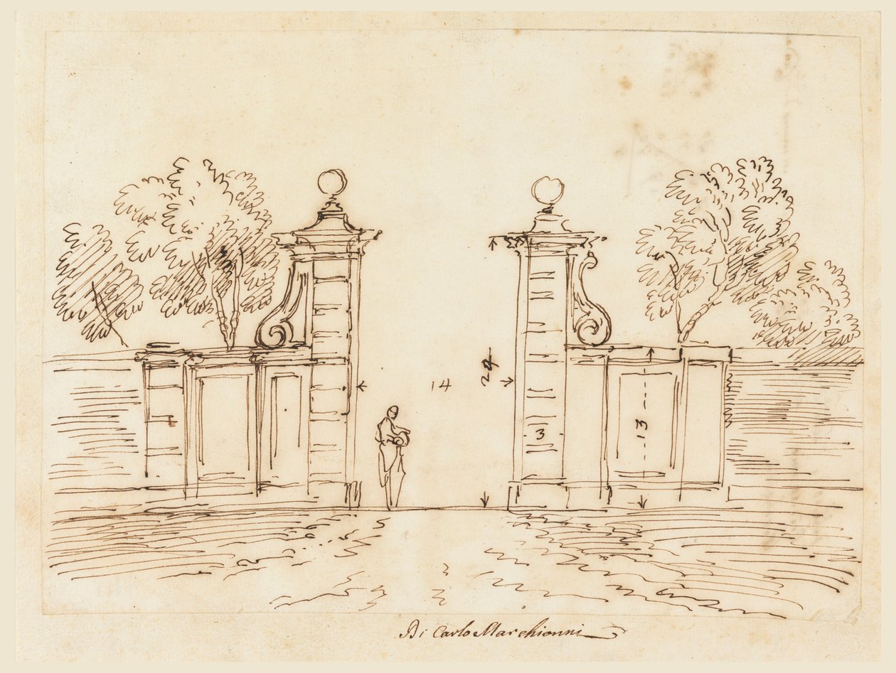 Tegning, design af en port til en villa, 1750-55 af Carlo Marchionni