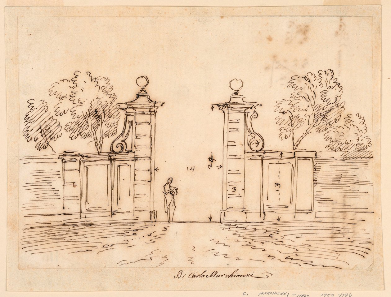Tegning, design af en port til en villa, 1750-55 af Carlo Marchionni