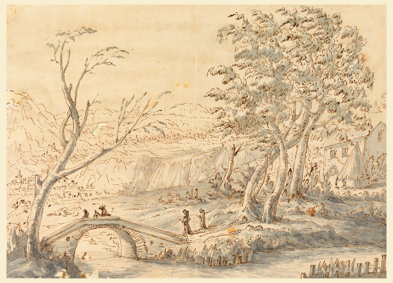 Tegning, Landskab med bro, 1770-1786 af Carlo Marchionni