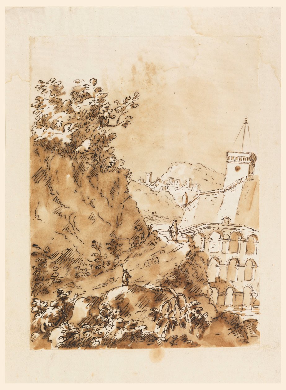 Tegning, Landskab med bjergby, 1760-80 af Carlo Marchionni