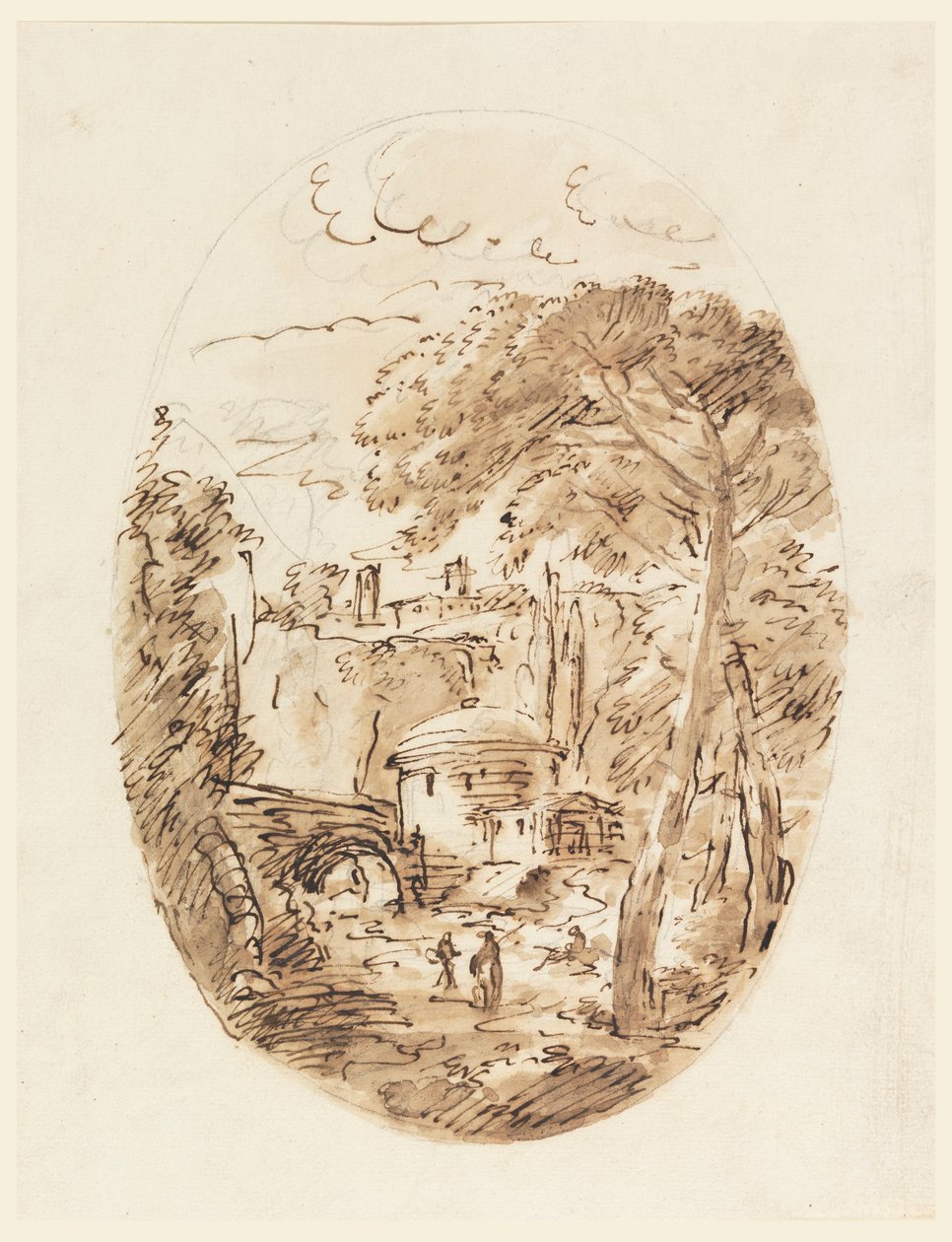Tegning, Landskab med rytter og bro, 1750-1786 af Carlo Marchionni
