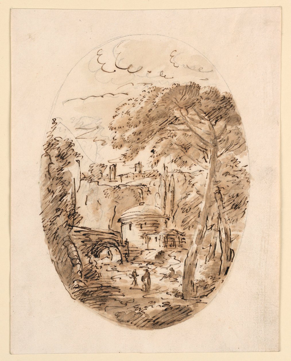Tegning, Landskab med rytter og bro, 1750-1786 af Carlo Marchionni