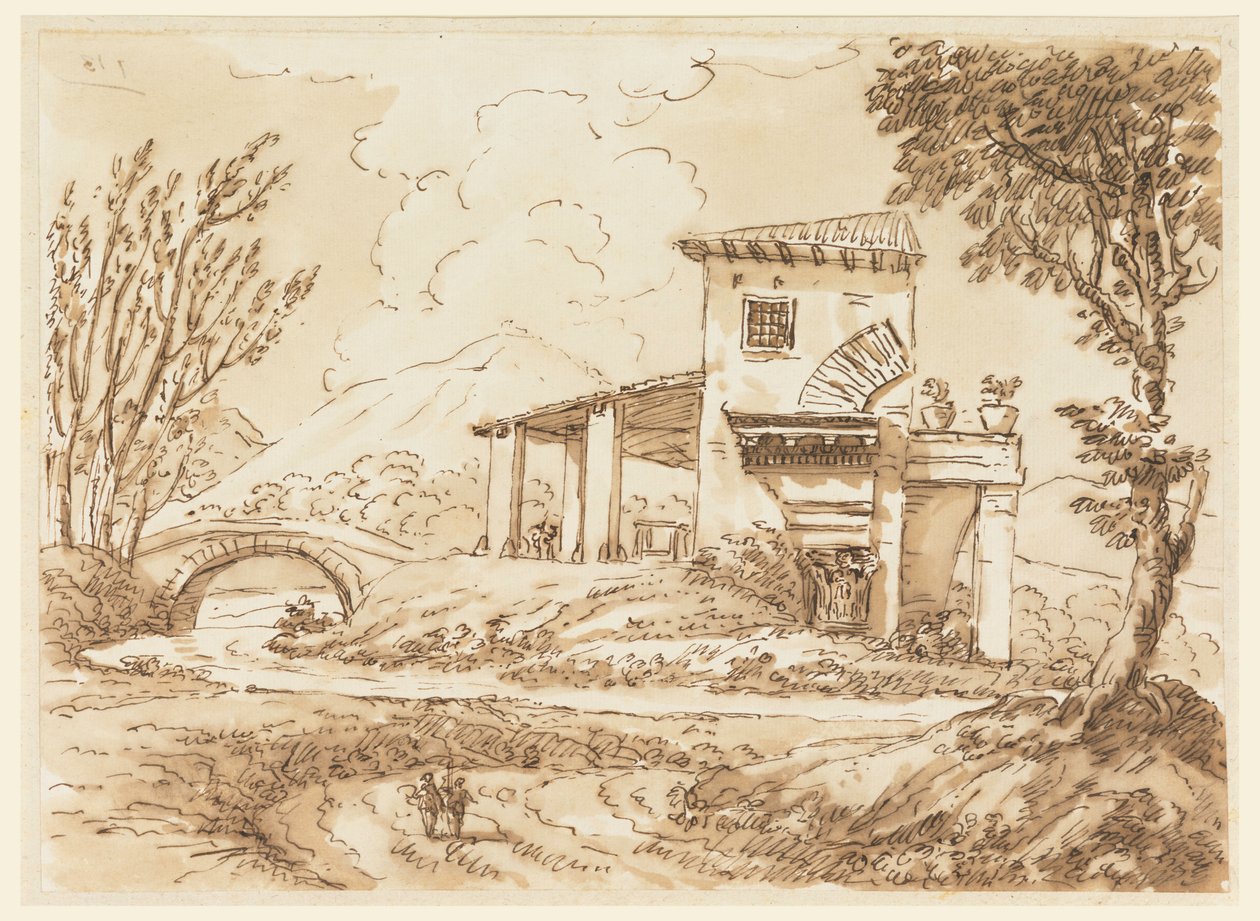 Tegning, Landskab med villa, 1750-60 af Carlo Marchionni