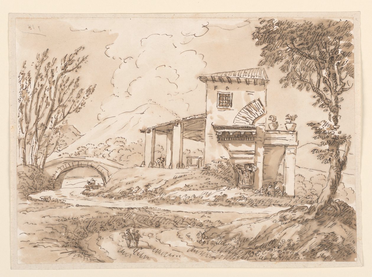 Tegning, Landskab med villa, 1750-60 af Carlo Marchionni