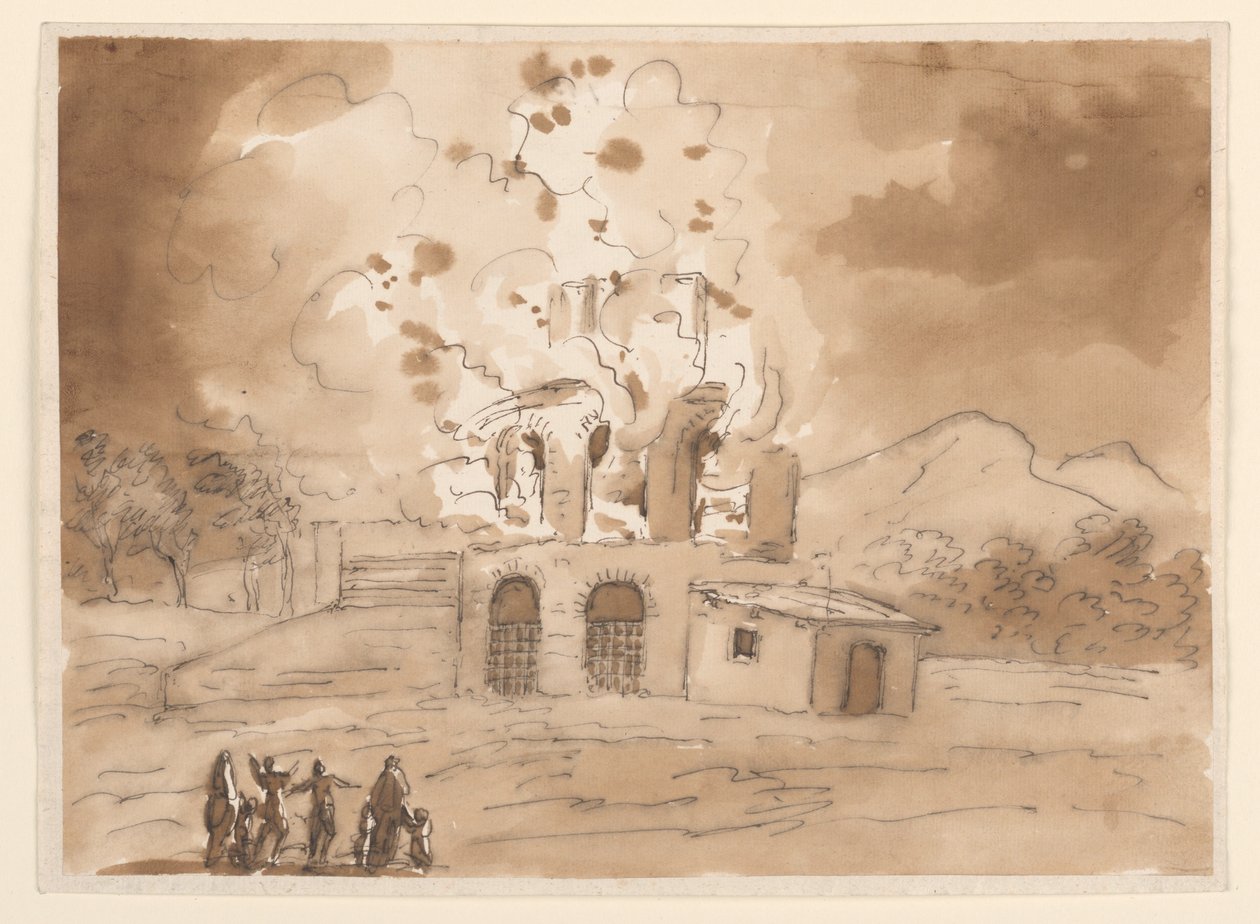 Tegning, Landskab med et brændende tårn, ca. 1780 af Carlo Marchionni