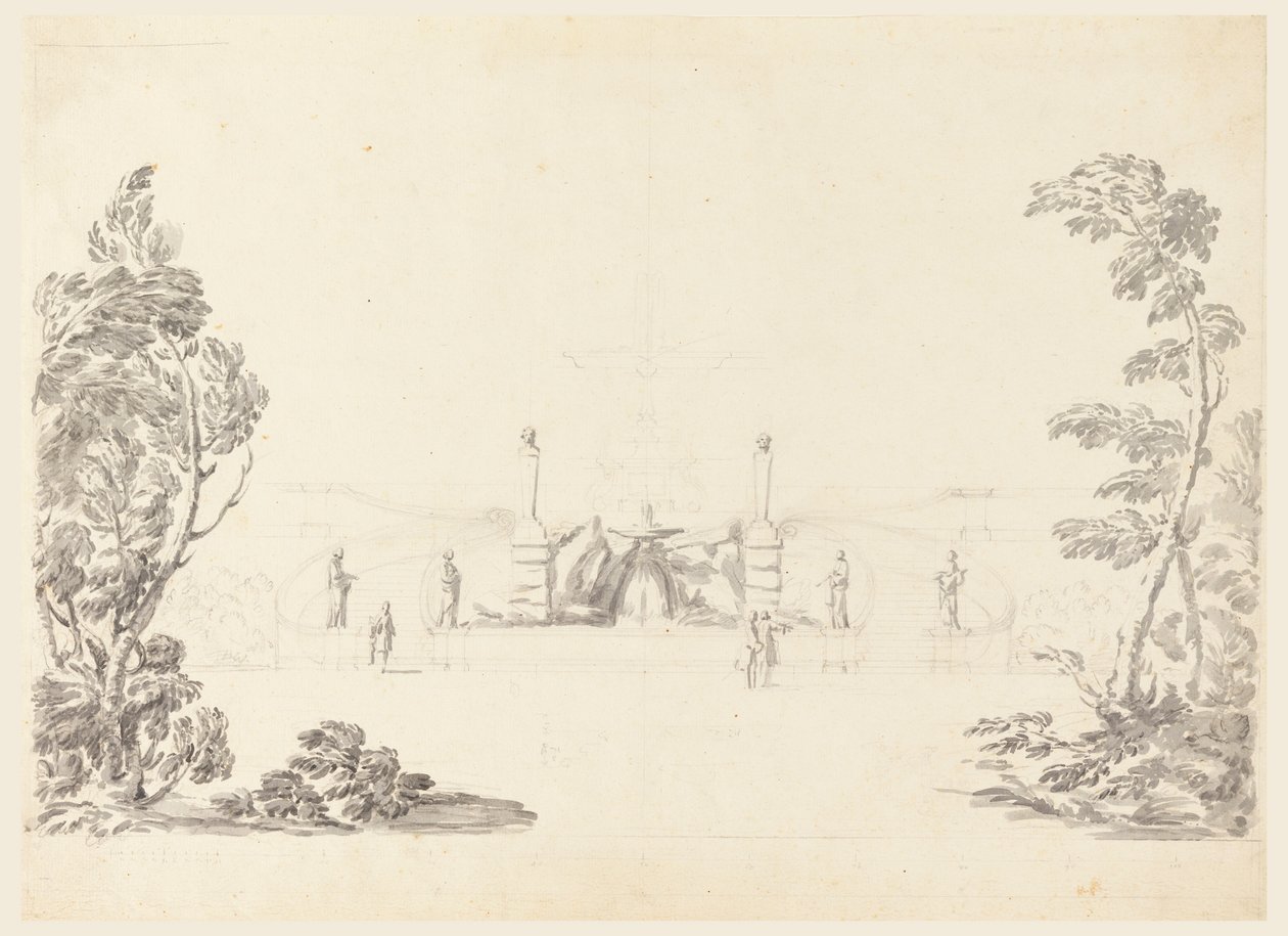 Tegning, Skitse til en fontæne i en park, 1740 af Carlo Marchionni