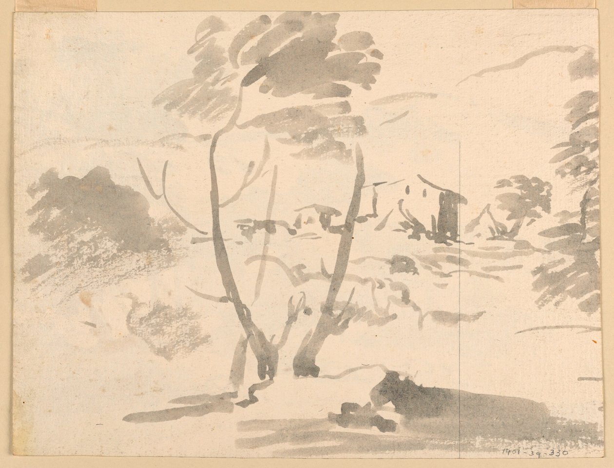 Tegning, Skitse af et træ i et landskab, 1760-1780 af Carlo Marchionni
