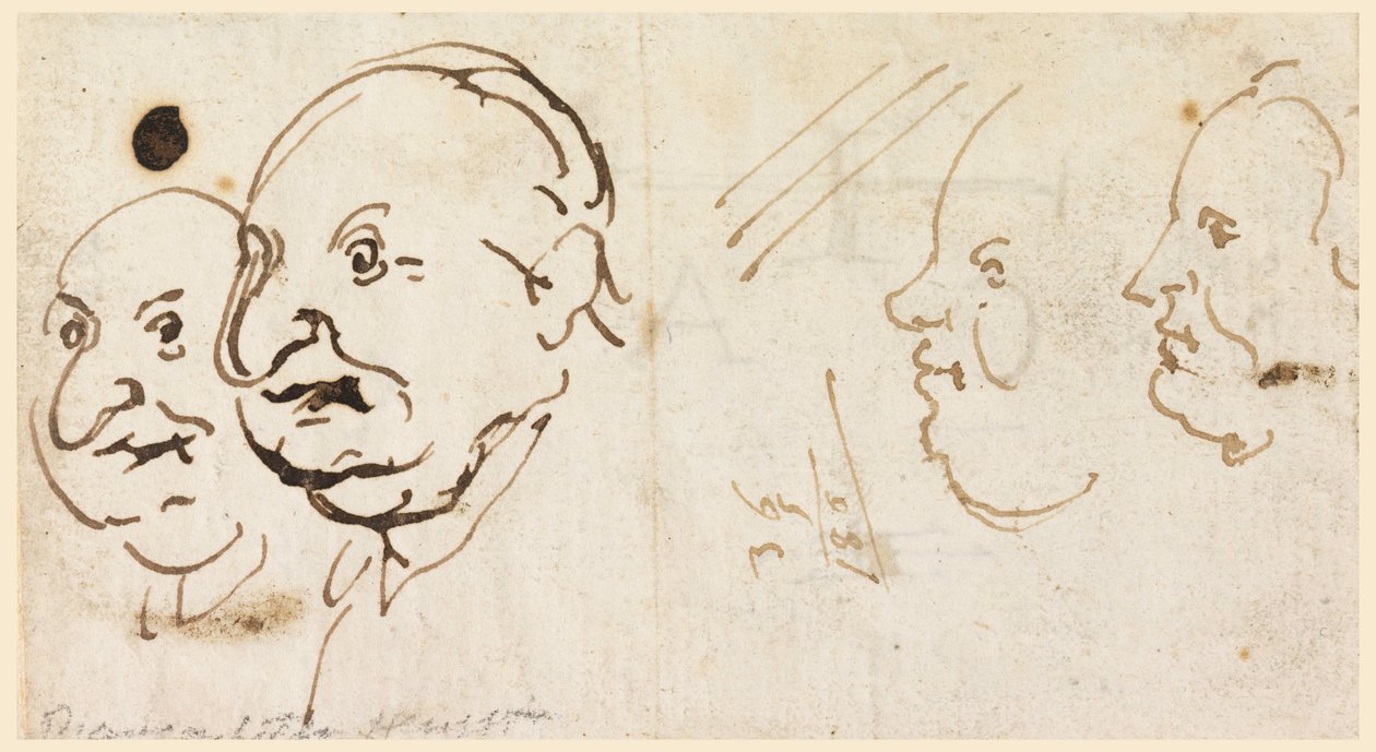 Tegning, Skitser af fire hoveder i karikatur, 1725-75 af Carlo Marchionni