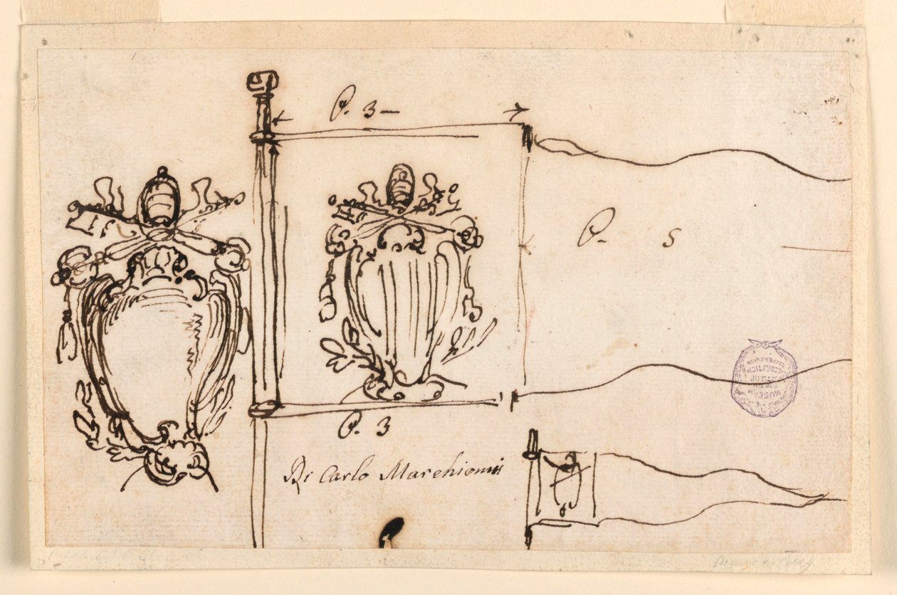 Tegning, Tre skitser til en fane af pave Benedikt XIV, 1740-58 af Carlo Marchionni