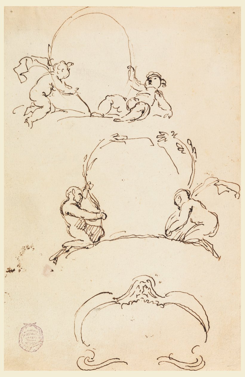 Tegning, Tre skitser af kartoucher, før 1775 af Carlo Marchionni
