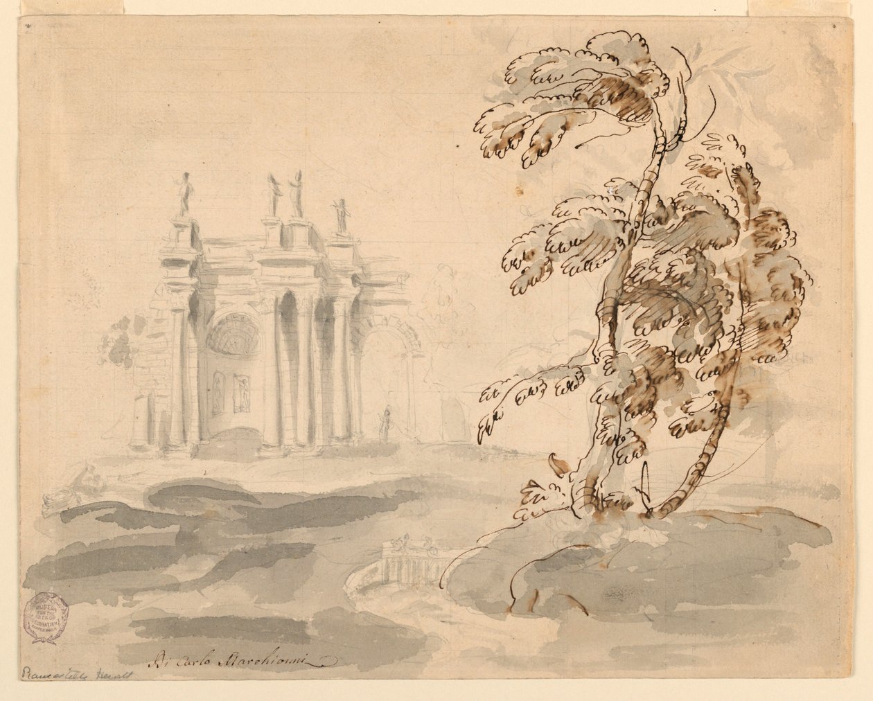 Tegning, Træ i landskab med bygning, 1756-78 af Carlo Marchionni