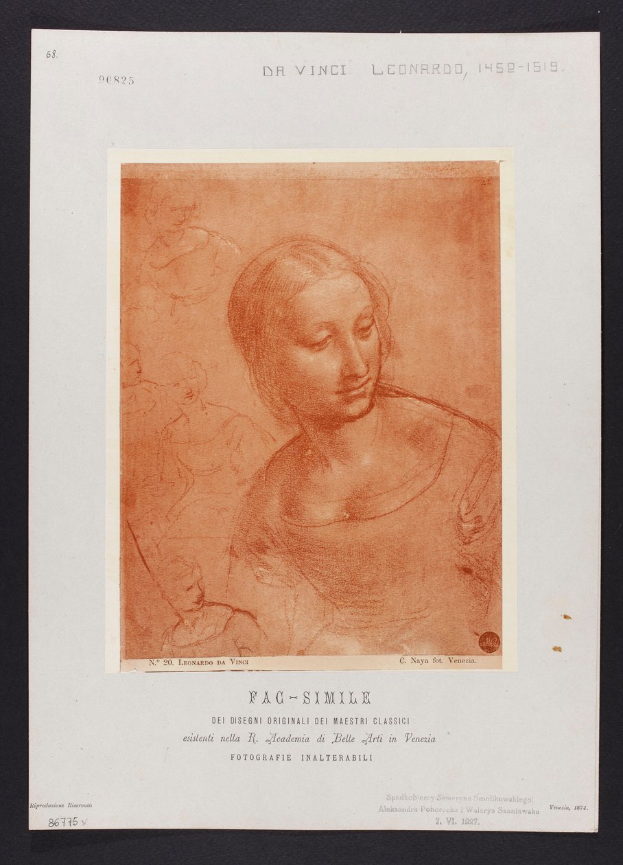 Studie eines weiblichen Büstenbildes, Zeichnung von Leonardo da Vinci (1452-1519) aus der Sammlung der R. Accademia di Belle Arti in Venedig; Tafel aus der Mappe: "Fac-simile dei disegni originali dei maestri classici esistenti nella R. Academia di Belle A af Carlo Naya