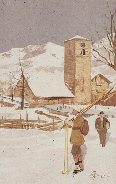 Udsigt over Adelboden, Schweiz (farve litho) af Carlo Pellegrini