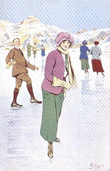 Skatere på skøjtebanen ved Engelberg, Schweiz (farve litho) af Carlo Pellegrini