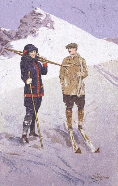 Skiløbere ved Adelboden (farve litho) af Carlo Pellegrini