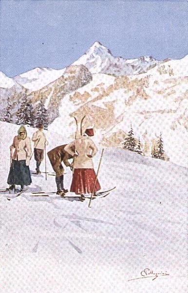 Skiløbere holder pause på pisterne (farve litho) af Carlo Pellegrini