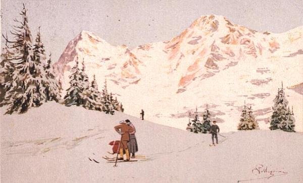 Snescene ved Wengen (farve litho) af Carlo Pellegrini