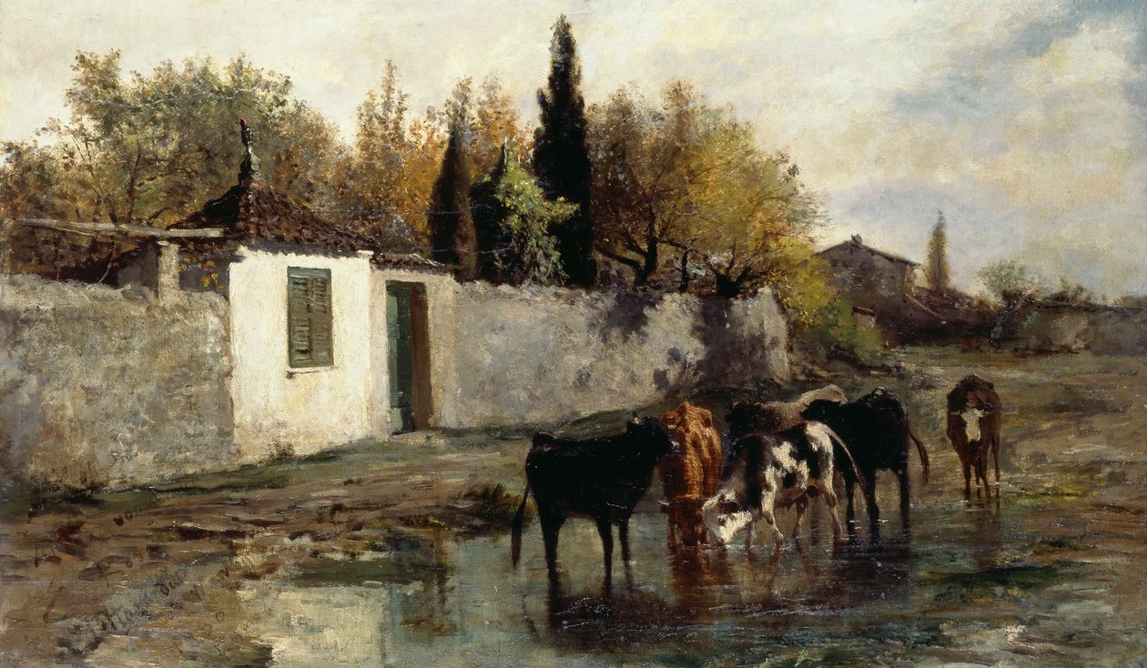 Køer ved truget, af Carlo Pittara (1836-1891) af Carlo Pittara