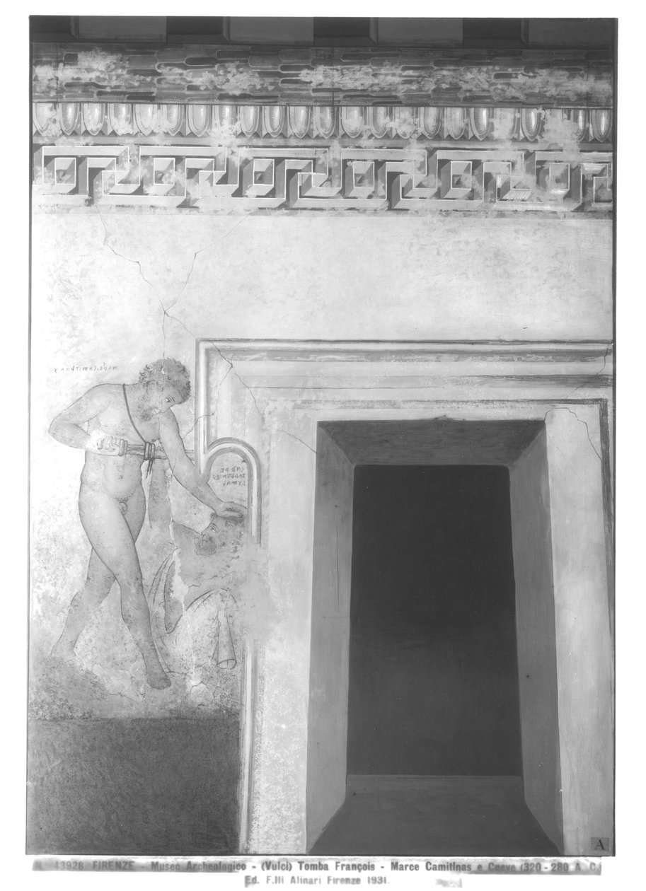 Eteocles og Polynices, rekonstruktion af det etruskiske vægmaleri i Francois-graven ved Vulci ca. 320-280 f.Kr. (vægmaleri) (se også 212367, 214590, 214591) af Carlo Ruspi