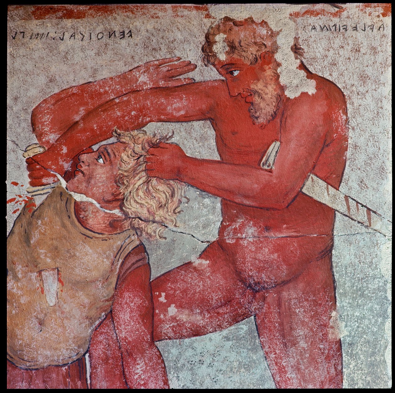 Etruskisk civilisation: "" repræsentation af ofringen af trojanske fanger til hyldest til Patroclus""" gengivelse af Carlo Ruspi (1786-1863) af freskoerne fra det 4. århundrede f.Kr. af Francois Grav af Vulci. Firenze, Arkæologisk Museum af Carlo Ruspi