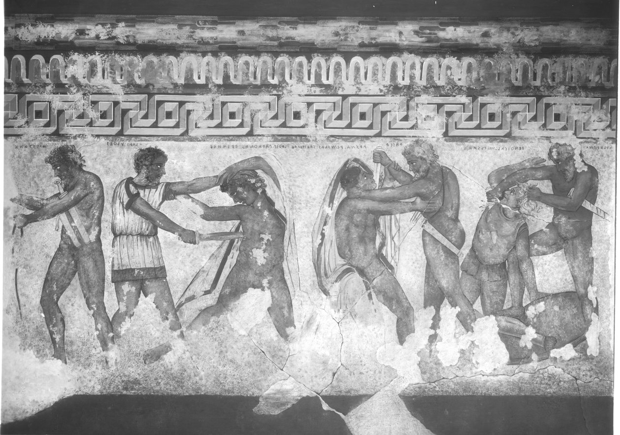 Rekonstruktion af det etruskiske vægmaleri i Francois-graven ved Vulci ca. 320-280 f.Kr. (vægmaleri) (se også 212367, 212368 & 214591) af Carlo Ruspi